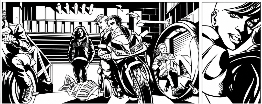 Black-and-white OX comic scene with motorcycle riders in an urban setting